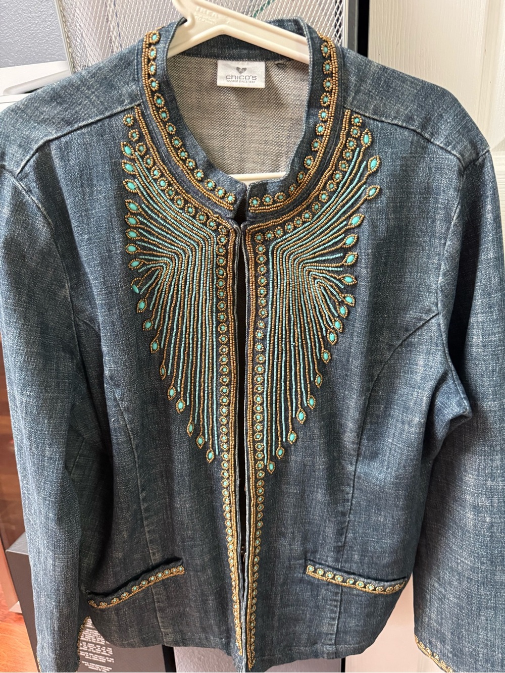 Chico's Blue Denim Jacket with Turquoise Embellishment - Picture 5 of 7